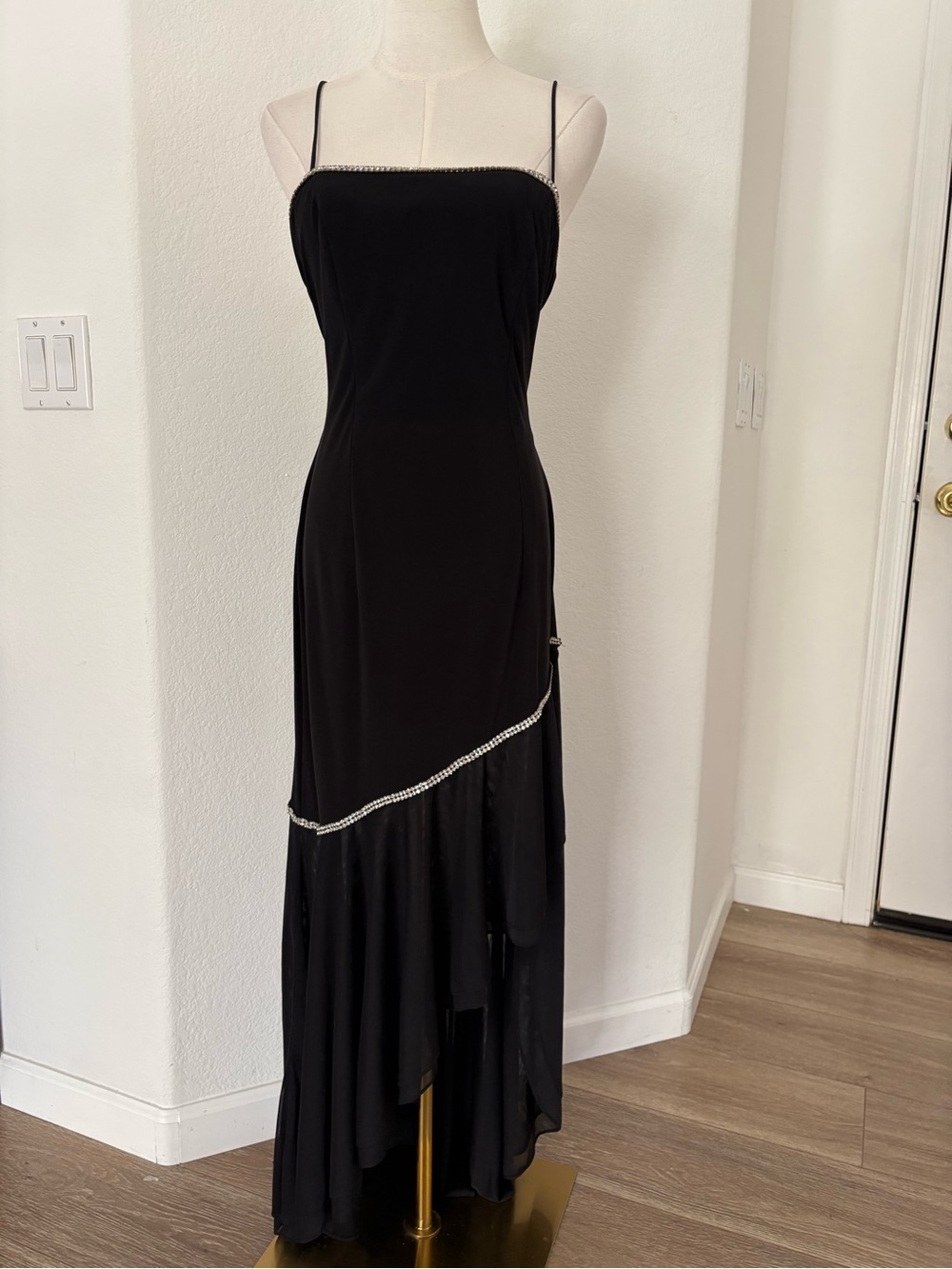 Dave & Johnny Black High-Low Evening Dress with Rhinestone Trim